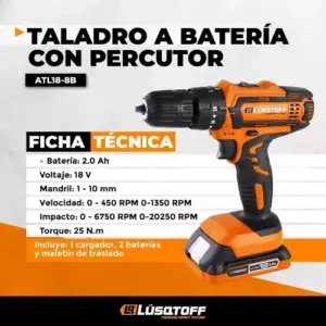 Taladro percutor atornillador inalámbrico de 10mm Lüsqtoff ATL18-8B 18V Mas maletín 220V